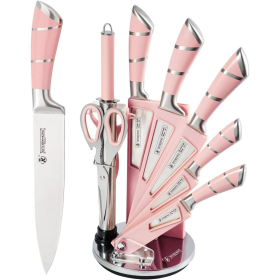 Kitchen Knife Set, 9-Pieces Pink Sharp Non-Stick Coated Chef Knives Block Set,Stainless Steel Knife Set for Kitchen with Sharpener for Cutting Slicing